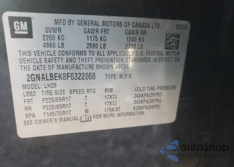 2015 Chevrolet Equinox Lt z USA, uszkodzony, nr VIN 2GNALBEK8F6322068